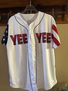 Yee Baseball Jersey - White with Red and Blue Flag Accent